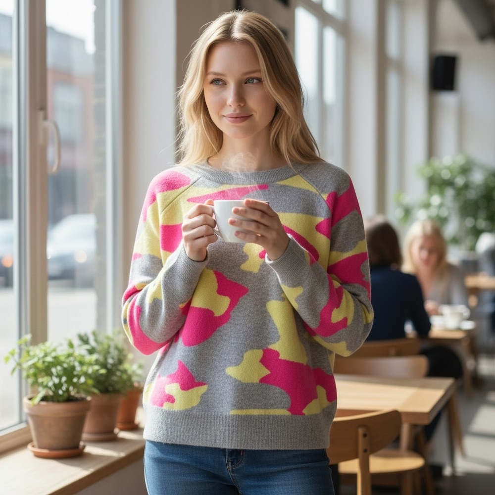 Pure Amici NWT Cashmere Sweater SZ L Gray Pink Yellow Excellent Neon Camo Raglan